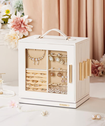 Homde Jewelry Box 360° Rotating, Necklace Earring Organizer with Transparent Window, Mirror, 7 Drawers, Large Ring Display Storage Case for Girls Women (White)