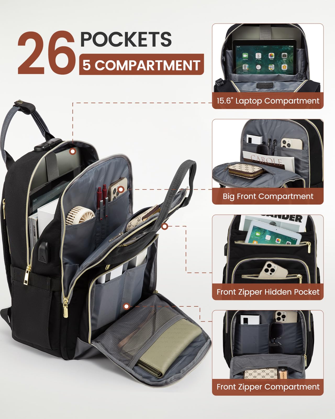 LOVEVOOK Laptop Backpack for Women, Unisex Travel Anti-theft Bag, Business Work Computer Backpacks Purse for Men, Casual Hiking Daypack with Lock, 15.6 Inch, Black-Grey