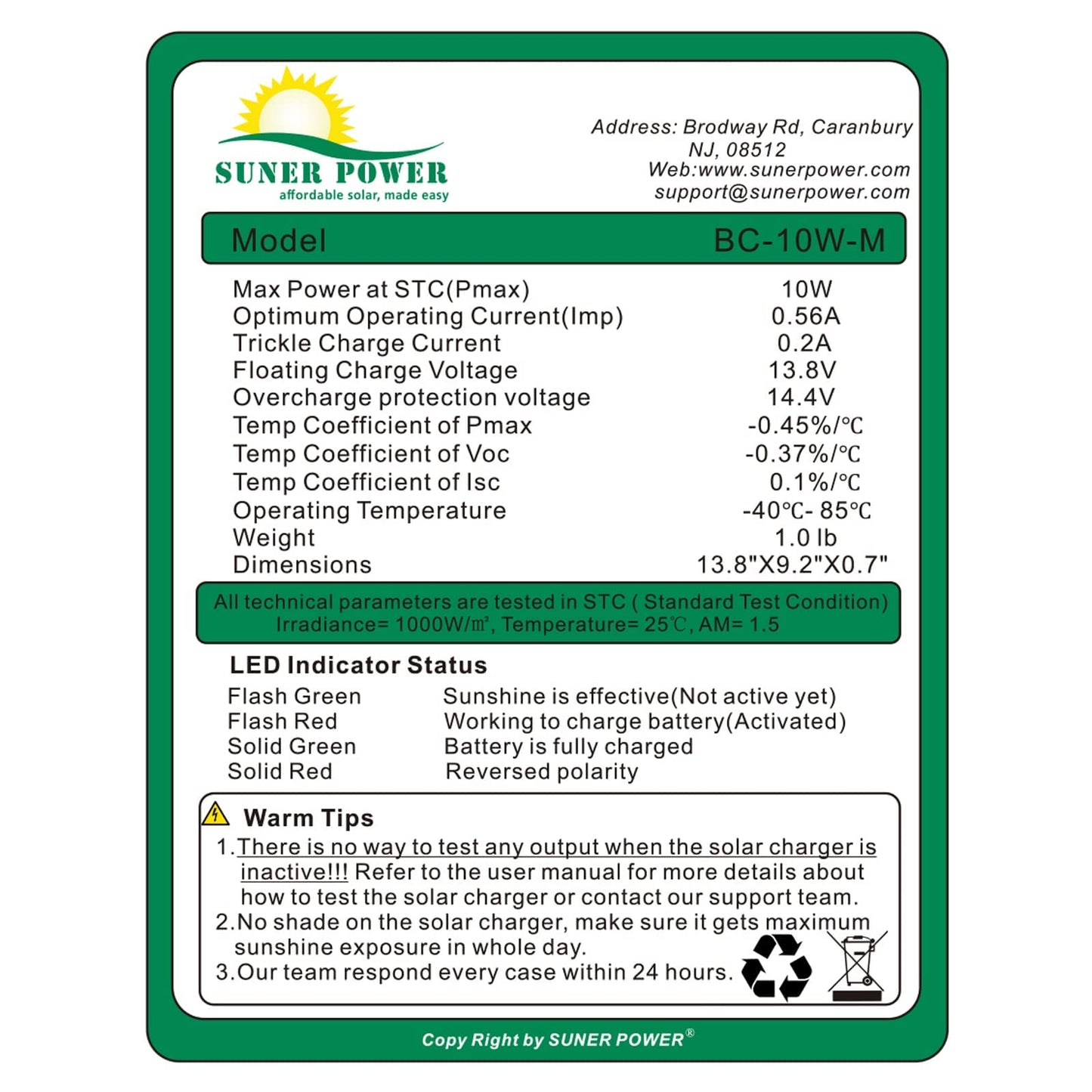 SUNER POWER 10W 12V Solar Battery Charger Maintainer, Built-in Smart MPPT Charge Controller, Adjustable Mount Bracket, Waterproof 10 Watt Solar Panel Kits for Car Automotive Boat Marine RV Trailer