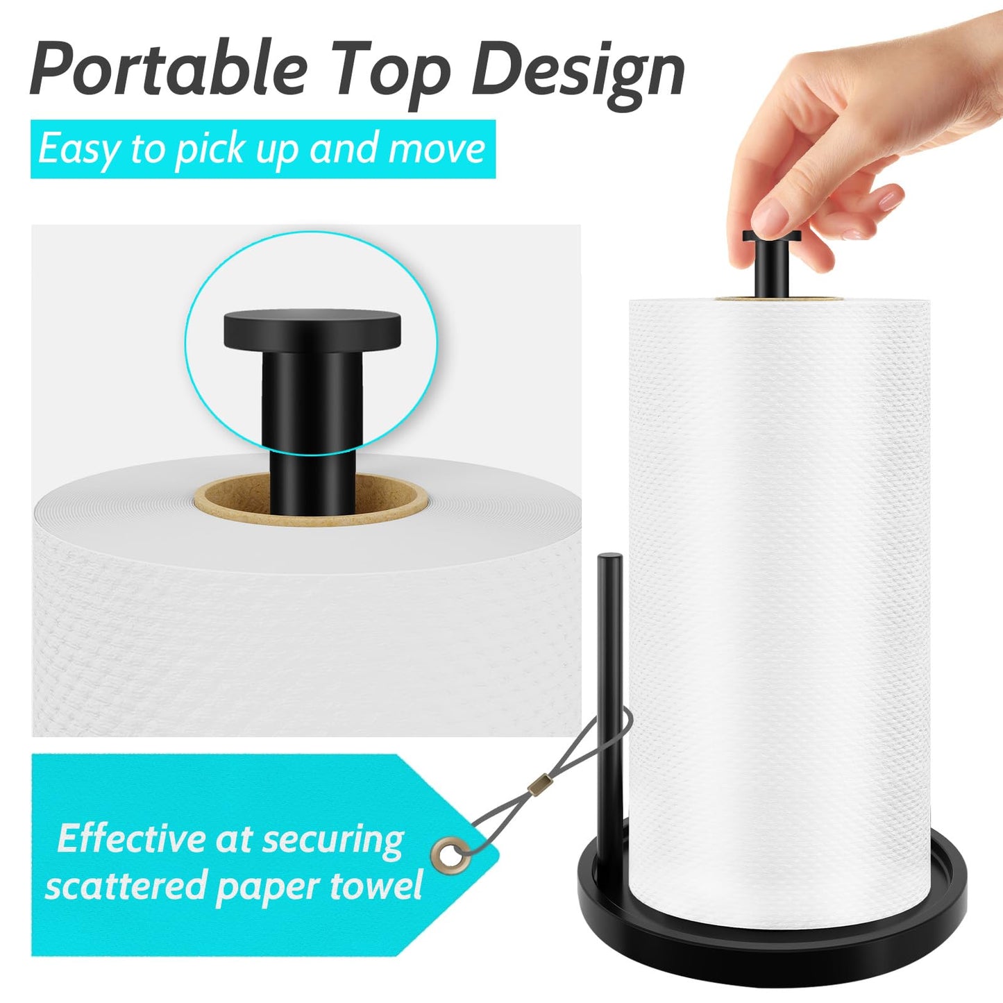 Paper Towel Holder Countertop, Standing Paper Roll Holder with Anti Slip Weighted Base, Stainless Steel Freestanding Paper Towel Holder for Kitchen, Black