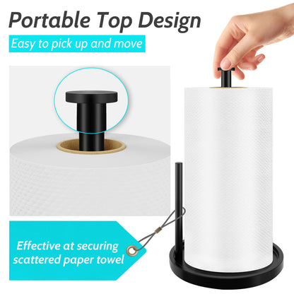 Paper Towel Holder Countertop, Standing Paper Roll Holder with Anti Slip Weighted Base, Stainless Steel Freestanding Paper Towel Holder for Kitchen, Black
