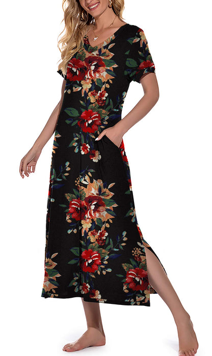 PrinStory Womens Long Nightgown Short Sleeve Nightshirt V-Neck Soft Loungewear Casual Sleepwear With Pockets FP-Brown Black-Medium