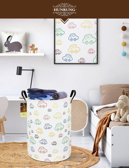 HUNRUNG Laundry Hamper,Large Canvas Fabric Lightweight Storage Basket Toy Organizer Dirty Clothes Collapsible Waterproof for College Dorms（Round-Car）