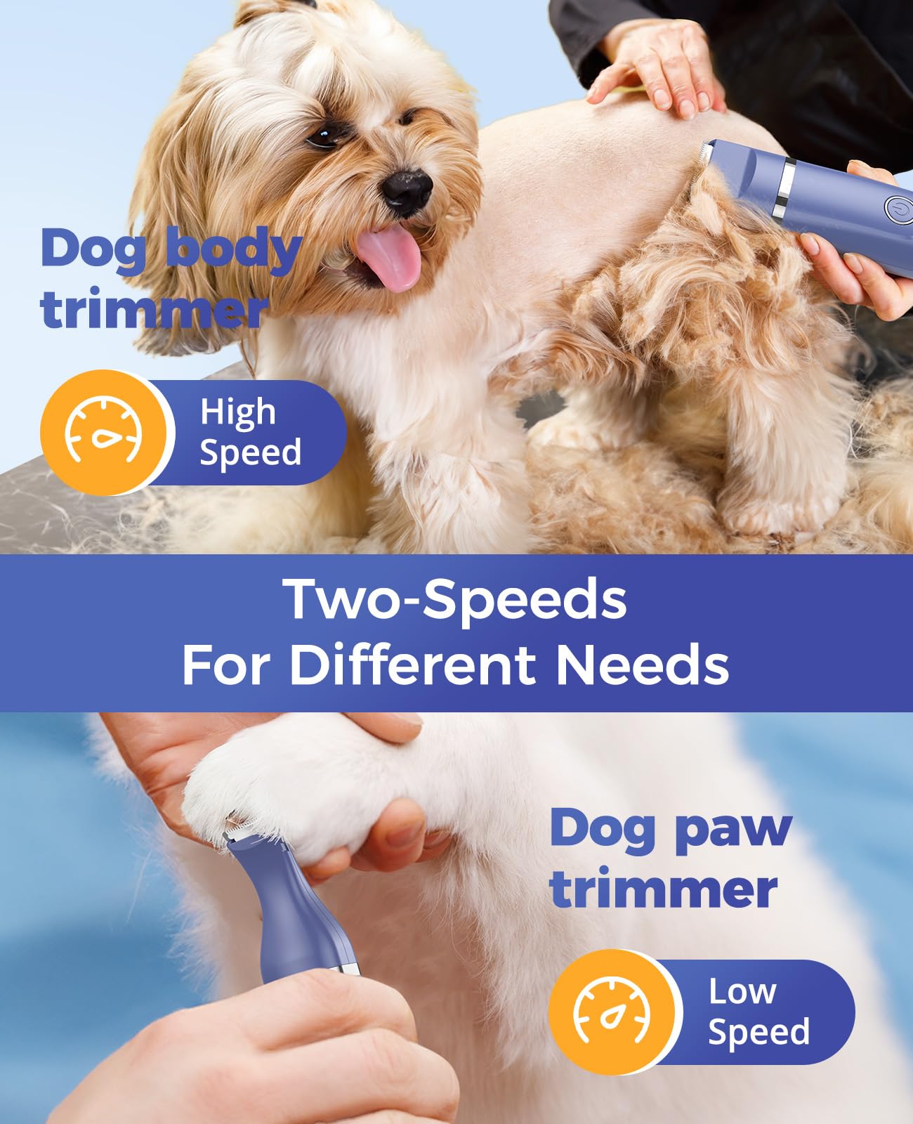 oneisall Dog Clippers & Dog Paw Trimmer 4-in-1 Cordless Grooming Kit: 2-Speed Low Noise Clippers with Rechargeable Quiet Nail Grinder for Dogs & Cats (Blue)