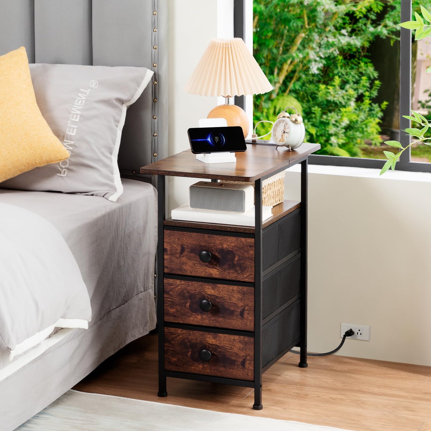 AMHANCIBLE End Tables Living Room with Charging Station, Narrow Side Table with USB Ports and Outlets, Slim Nightstand with 3 Fabric Drawers for Bedroom, Small Space, Rustic Brown, HETN013BR-1