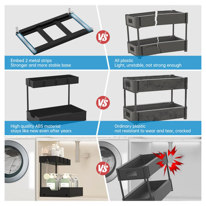 2-Tier Under Sink Organizers 2 Pack Sliding L-shape Cabinet Organizers Narrow Space Storage Shelves Multi-purpose Sink Organizer Baskets with 4 Hook for Kitchen Bathroom Drawer, Black