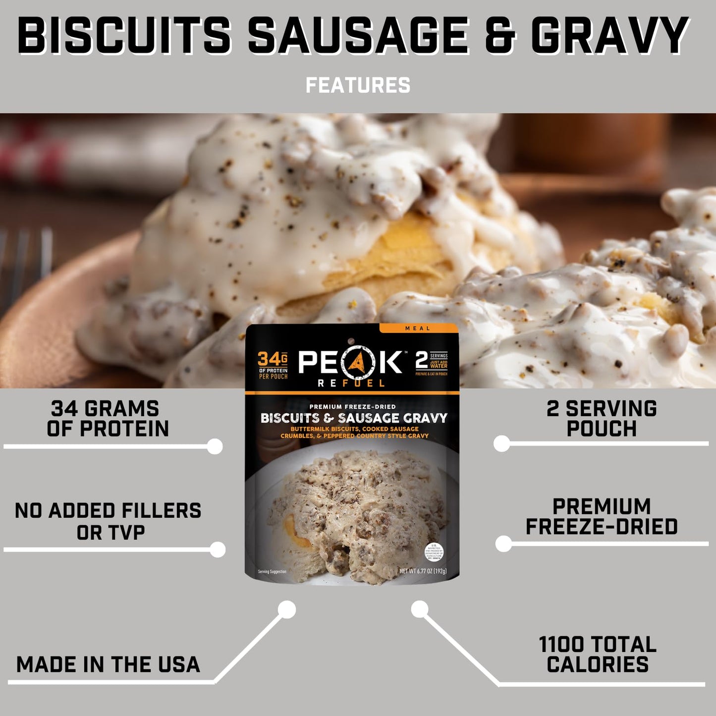 Peak Refuel Biscuits & Sausage Gravy | Freeze Dried Backpacking, Camping & Emergency Prep Food | 2 Servings Pouches