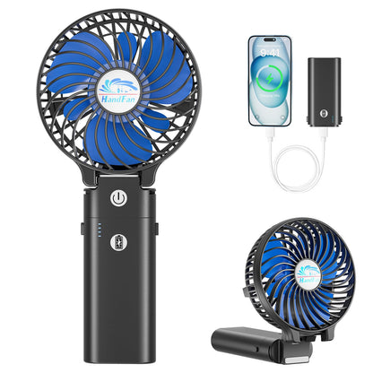 HandFan 5200mAh Portable Handheld Fan Rechargeable with Power Bank-3 Speeds Foldable Personal Cooling, 2-IN-1 Hand Held Fan Battery Operated, 20H Runtime for Travel/Summer/Concerts/Women (Black&Blue)
