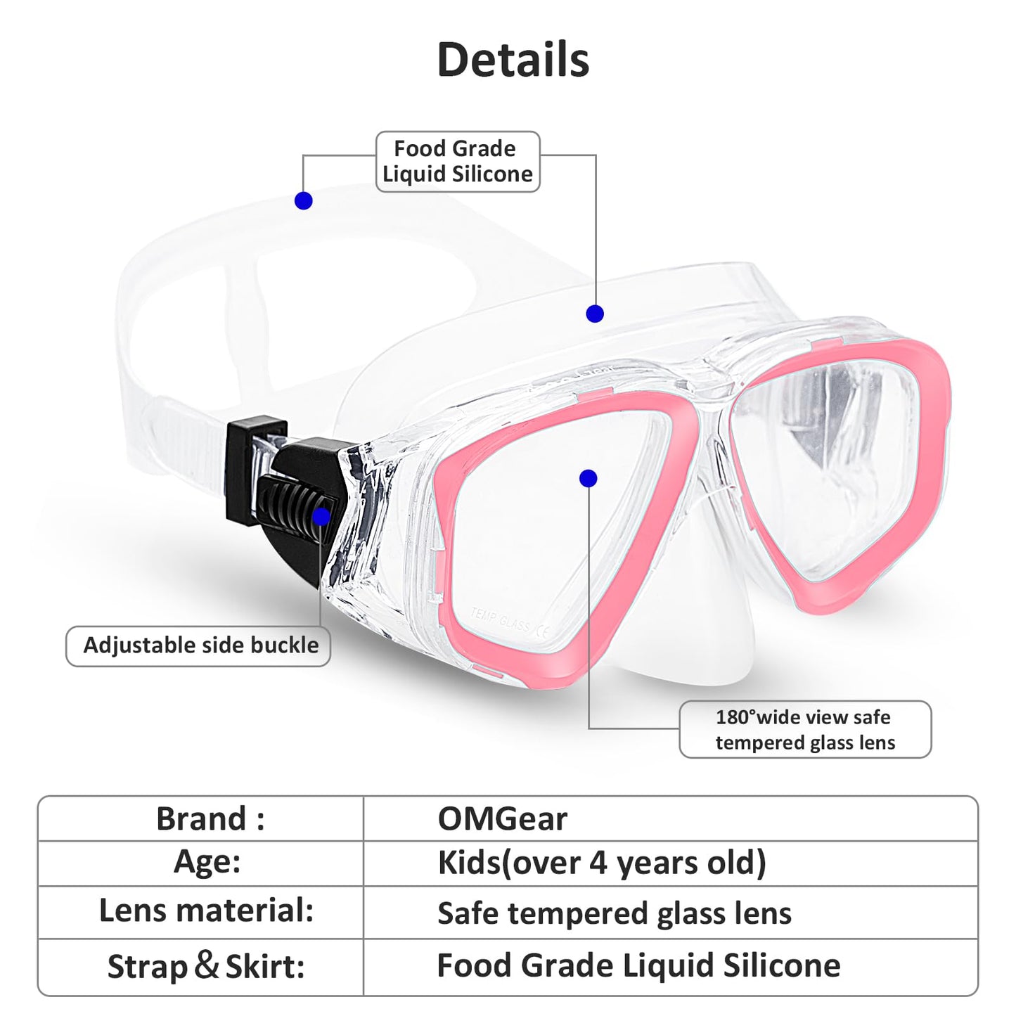 OMGear Kids Swimming Silicone Swim Mask Snorkeling Gear for Kids Tempered Glass Snorkel Goggles with Nose Cover Scuba Diving Goggles with Cute Neoprene Mask Strap Cover (Pink)