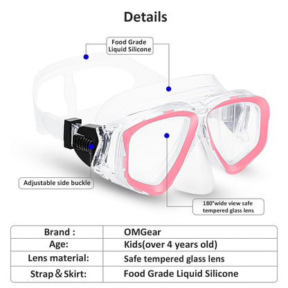 OMGear Kids Swimming Silicone Swim Mask Snorkeling Gear for Kids Tempered Glass Snorkel Goggles with Nose Cover Scuba Diving Goggles with Cute Neoprene Mask Strap Cover (Pink)