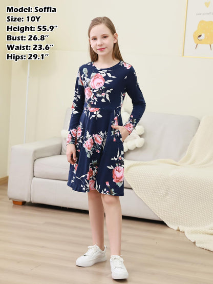 GORLYA Girls Short Sleeve Floral Print Casual Fit and Flare Party Dress with Pockets 4-12 Years (GA1002,10Y,NavyPrint-L)