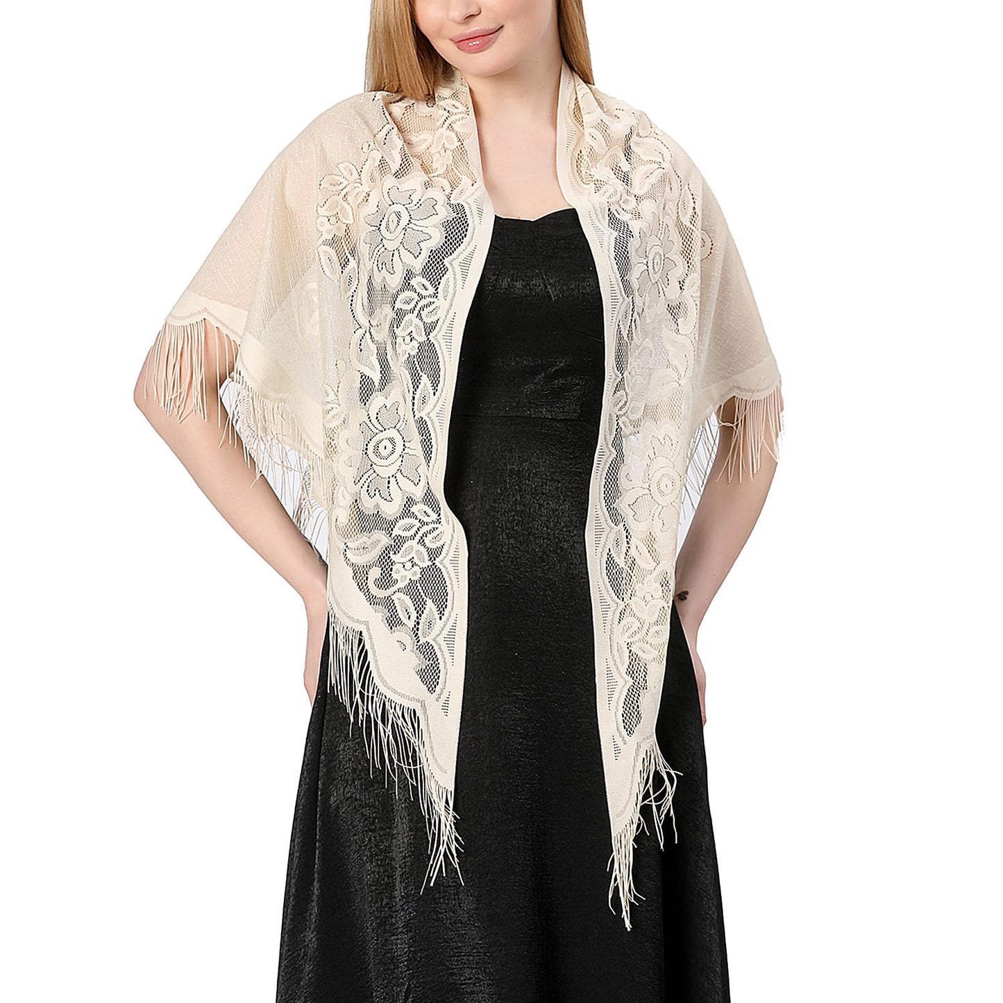 Ladiery Triangle Lace Shawls and Wraps for Evening Dresses with Tassels for Evening Party Mesh Wedding Shawls