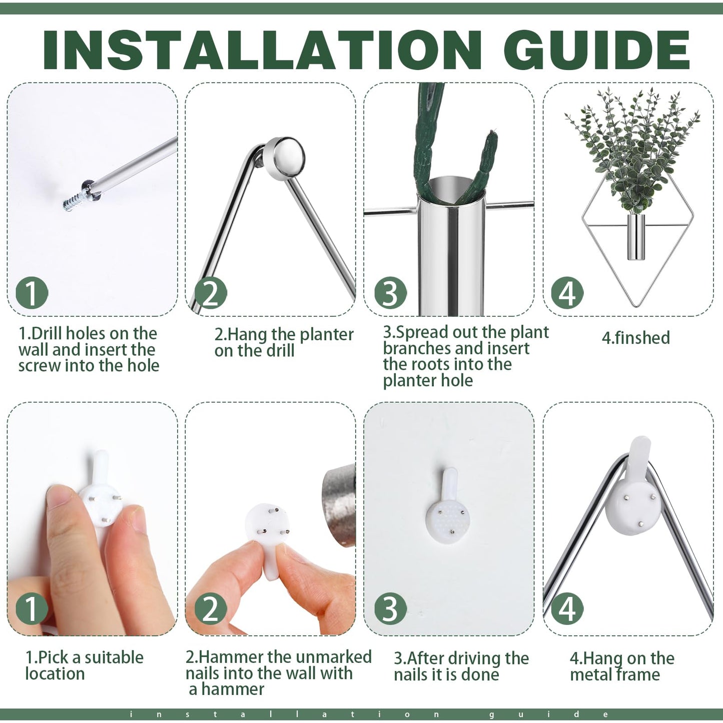 Jexine Hanging Planters with Artificial Eucalyptus Metal Hanging Vase Indoor Plants Holder Modern Geometric Boho Bathroom Wall Decor for Living Room Home Office(Chrome Sliver,4 Pcs)