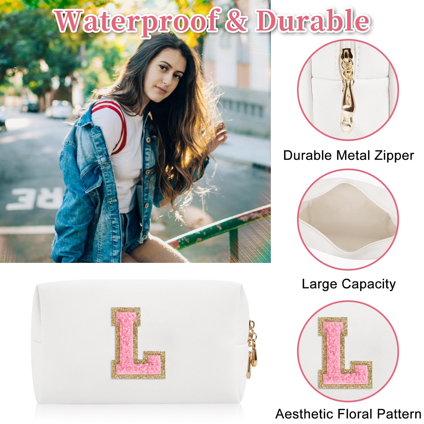 Personalized Initial Patch Makeup Bag, Preppy Portable Chenille Letter Cosmetic Bag With Zipper, PU Leather Waterproof Travel Toiletry Bag Monogram Make Up Pouch for Women Girls (Letter L)