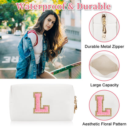 Personalized Initial Patch Makeup Bag, Preppy Portable Chenille Letter Cosmetic Bag With Zipper, PU Leather Waterproof Travel Toiletry Bag Monogram Make Up Pouch for Women Girls (Letter L)