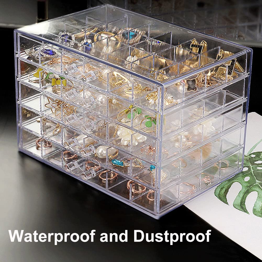 QIYUSHRY Earring Storage Box Acrylic Jewelry Storage Holder Ring Clear Plastic Transparent Jewelry Display Stand with 5 Drawers 120 Small Compartment Tray for Women Girls
