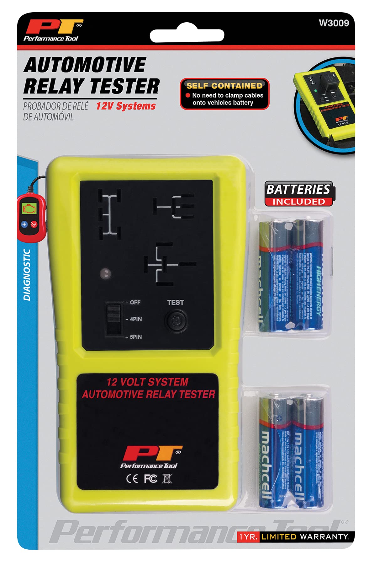 Performance Tool 3009 Compact Cordless Automotive Relay Tester for 12 Volt 4 and 5 pin relays and More