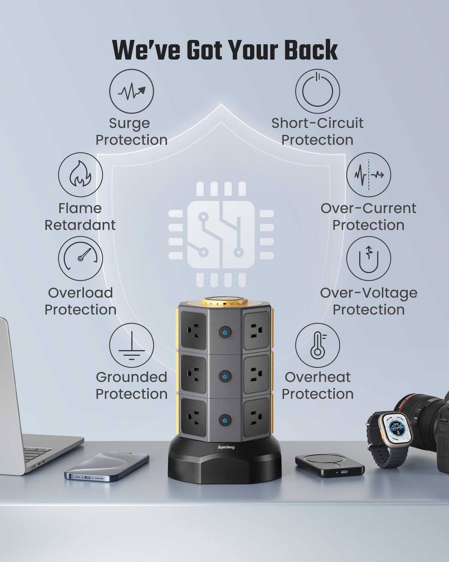 Power Strip Tower, SUPERDANNY Surge Protector Tower with 15W Wireless Charger, 1050J, 13A Charging Station with 12 AC Outlets & 6 USB Ports (2 USB C), 6.5ft Extension Cord for Home Office Dorm, Gold