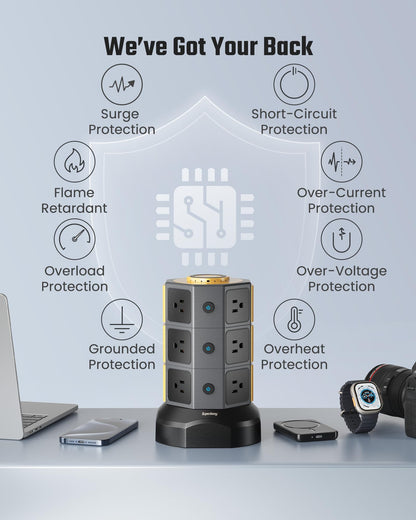 Power Strip Tower, SUPERDANNY Surge Protector Tower with 15W Wireless Charger, 1050J, 13A Charging Station with 12 AC Outlets & 6 USB Ports (2 USB C), 6.5ft Extension Cord for Home Office Dorm, Gold