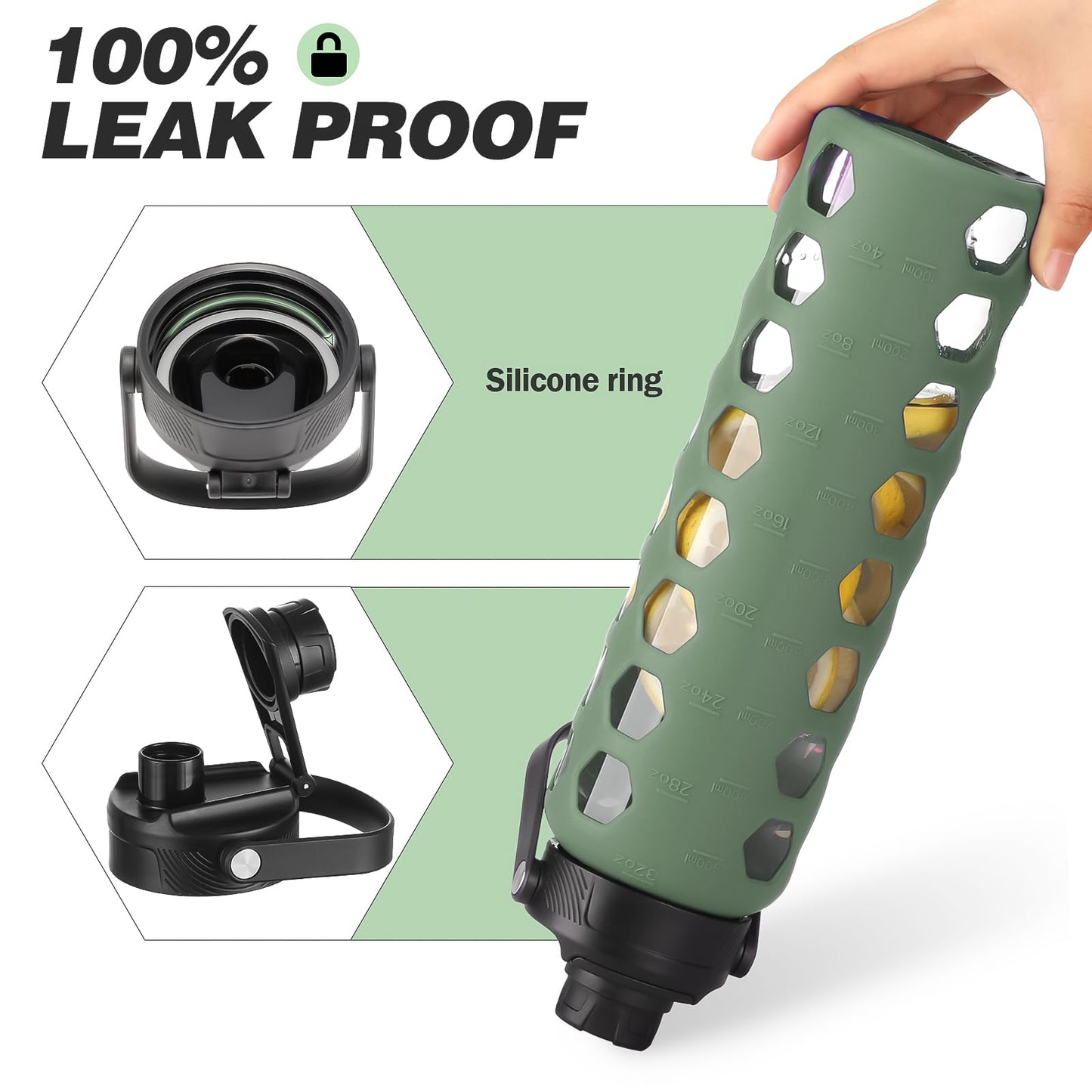 MUKOKO Glass Water Bottles, 32oz Glass Tumbler with Straw, Drinking Bottles with 2 Lids-Handle Spout Lid&Bamboo Straw Lid, Motivational Water Bottle with Time Marker and Silicone Sleeve, 1 Pack-Olive