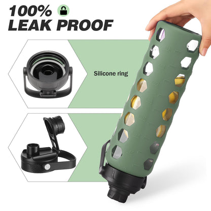 MUKOKO Glass Water Bottles, 32oz Glass Tumbler with Straw, Drinking Bottles with 2 Lids-Handle Spout Lid&Bamboo Straw Lid, Motivational Water Bottle with Time Marker and Silicone Sleeve, 1 Pack-Olive