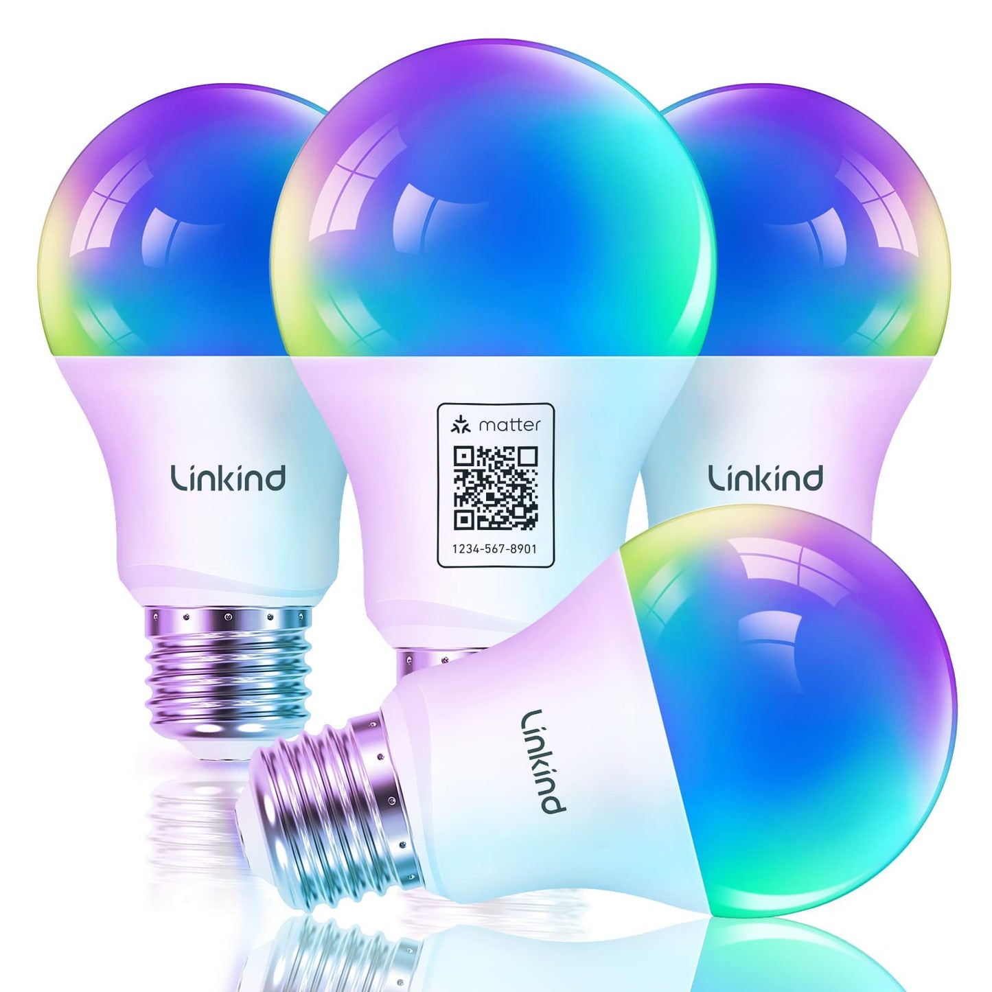 Linkind Matter Smart Light Bulb, Smart Bulbs Work with Apple Home, Siri, Alexa, Google, SmartThings, LED RGBTW Color Changing Bulbs Music Sync,A19 E26 60W 800LM, 2.4GHz WiFi Only, 4 Pack