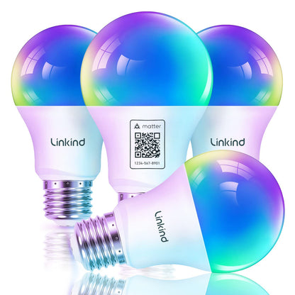 Linkind Matter Smart Light Bulb, Smart Bulbs Work with Apple Home, Siri, Alexa, Google, SmartThings, LED RGBTW Color Changing Bulbs Music Sync,A19 E26 60W 800LM, 2.4GHz WiFi Only, 4 Pack