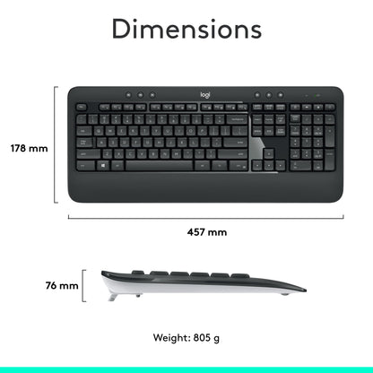 Logitech MK540 Advanced Wireless Keyboard and Mouse Combo for Windows, 2.4 GHz Unifying USB-Receiver, Multimedia Hotkeys, 3-Year Battery Life, for PC, Laptop