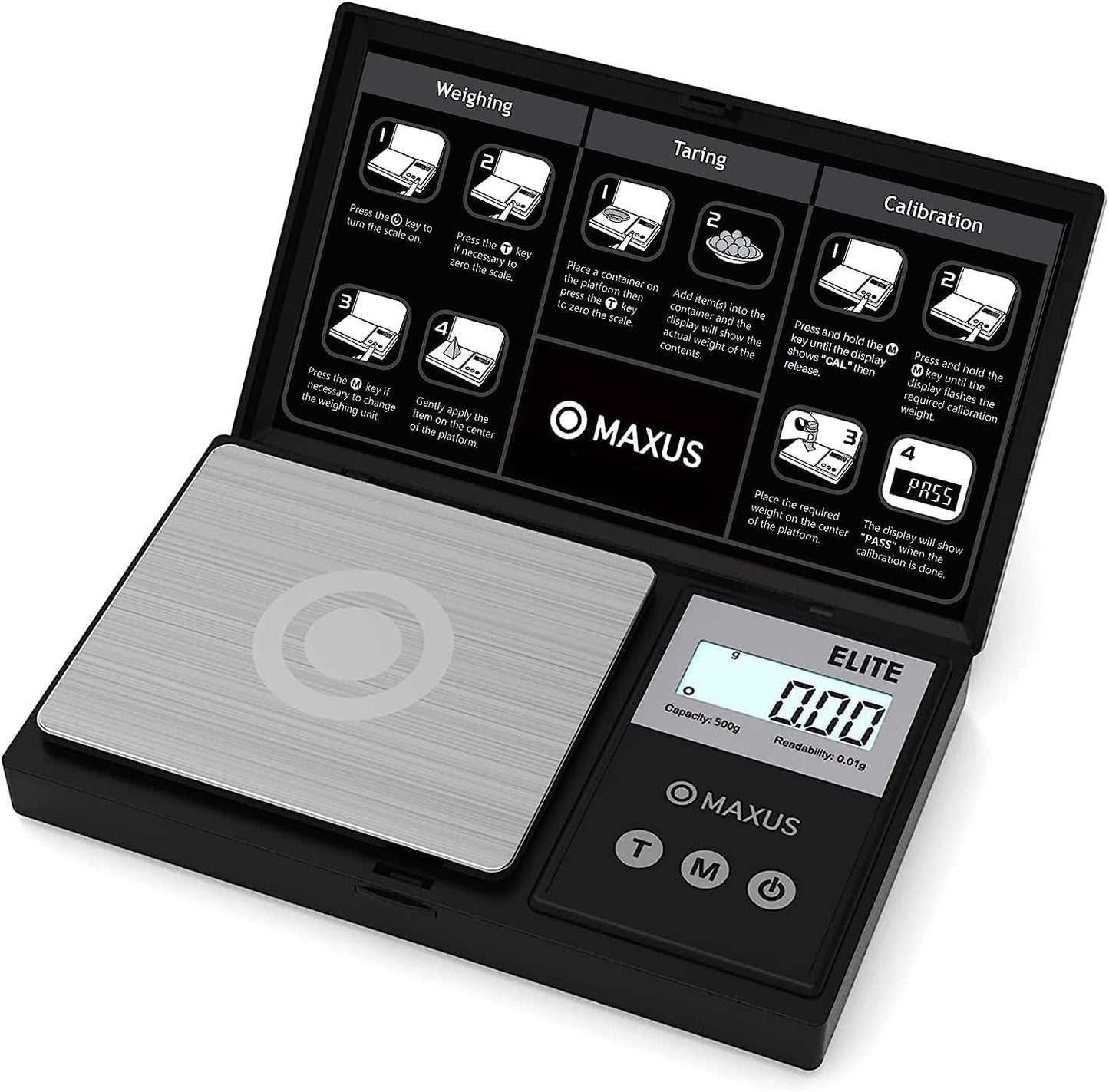 MAXUS Digital Pocket Gram Scale 500g x 0.01g High Precision with Tray, Weighs Small Food, Jewelry, Ounces, Grains, LCD Display, Tare Function