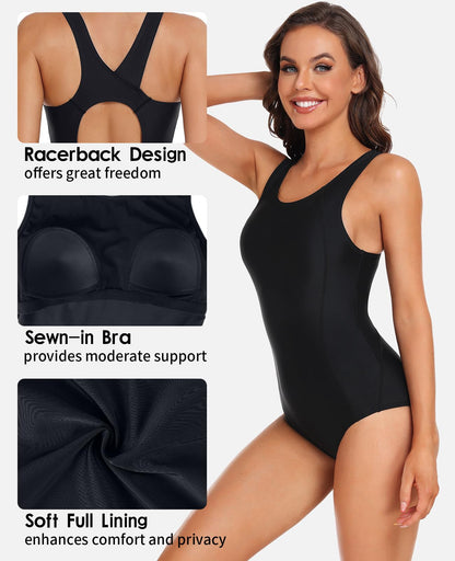 beautyin Women Athletic One Piece Racerback Water Aerobic Sports Pro Swimsuit Black