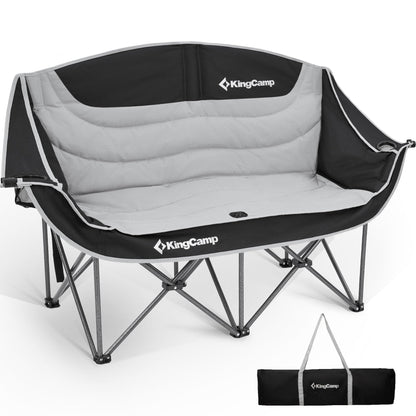 KingCamp Double Camping Chair, Oversized 660lbs Heavy Duty Loveseat for Adults Portable Folding XL 2 Person Couch Padded Comfortable Two Seat with Cup Holder for Outdoor Lawn Backyard, Black/Grey