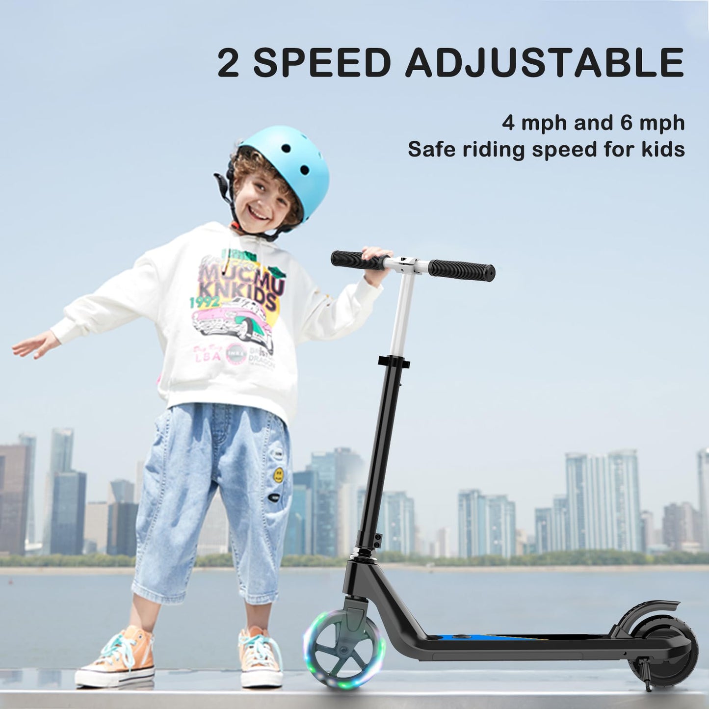 LINGTENG Electric Scooter for Kids Age of 6-9, Kick-Start Boost Scooter with Adjustable Speed and Height, Flash Wheel & Deck Lights