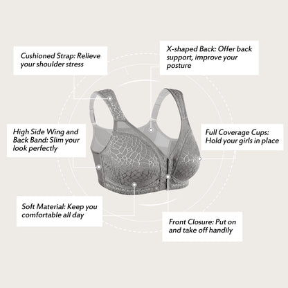 HACI Women's Front Closure Posture Bra Full Coverage Back Support Wireless Unpadded(Grey,46DDD)