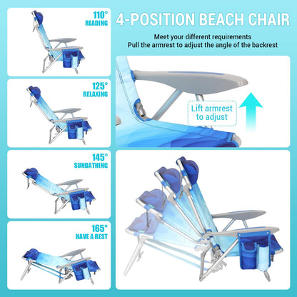 #WEJOY Lightweight Low 2 Pack Beach Chair for Adults, 4-Position Aluminum Folding Camping Chairs with Shoulder Strap, Cup Holder and Padded Headrest, Supports 265lbs for Lawn Outdoor Blue Pattern