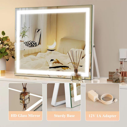 Gvnkvn Ligheted Vanity Mirror with Lights, 14" x 10" LED Makeup Mirror, 3 Modes Light, Smart Touch Control Dimmable, 360°Rotation, Rectangle White Frame