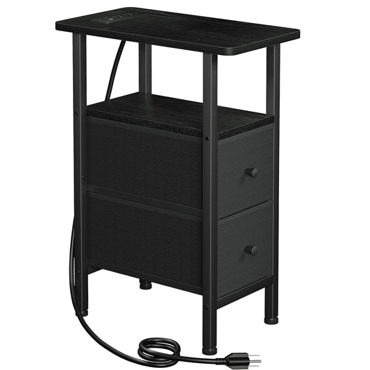 LOAKEKEL Narrow End Table Living Room with Charging Station, Skinny Side Table with Fabric Drawers, Slim Nightstand for Bedroom, Small Spaces, Couch, Black, HETNDP02BK-1