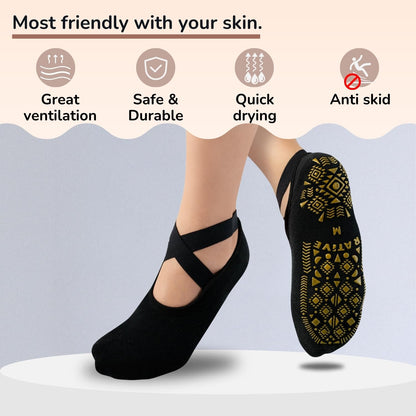 RATIVE X-Cross Anti Slip Non Skid Barre Yoga Pilates Hospital Socks with grips for Adults Men Women (Medium, 4-pairs/Solid Assorted)