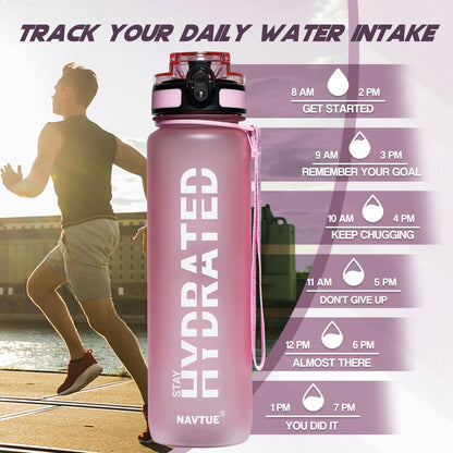 NAVTUE Water Bottle, 32oz Sports Water Bottles with Time Marker Wide Mouth, Motivational and Leakproof Drink Bottle, BPA Free Tritan with Carry Strap for Gym Fitness Outdoor(Direct Drink)