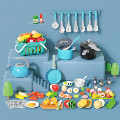 130Pcs Kitchen Playset, Toddler Pretend Cooking Play Pots, Pans, Utensils Cookware, Daily Food Fruit Veges, Shopping Storage Basket, Dessert, Prop Money, Learning Gift for Child (Turquoise)