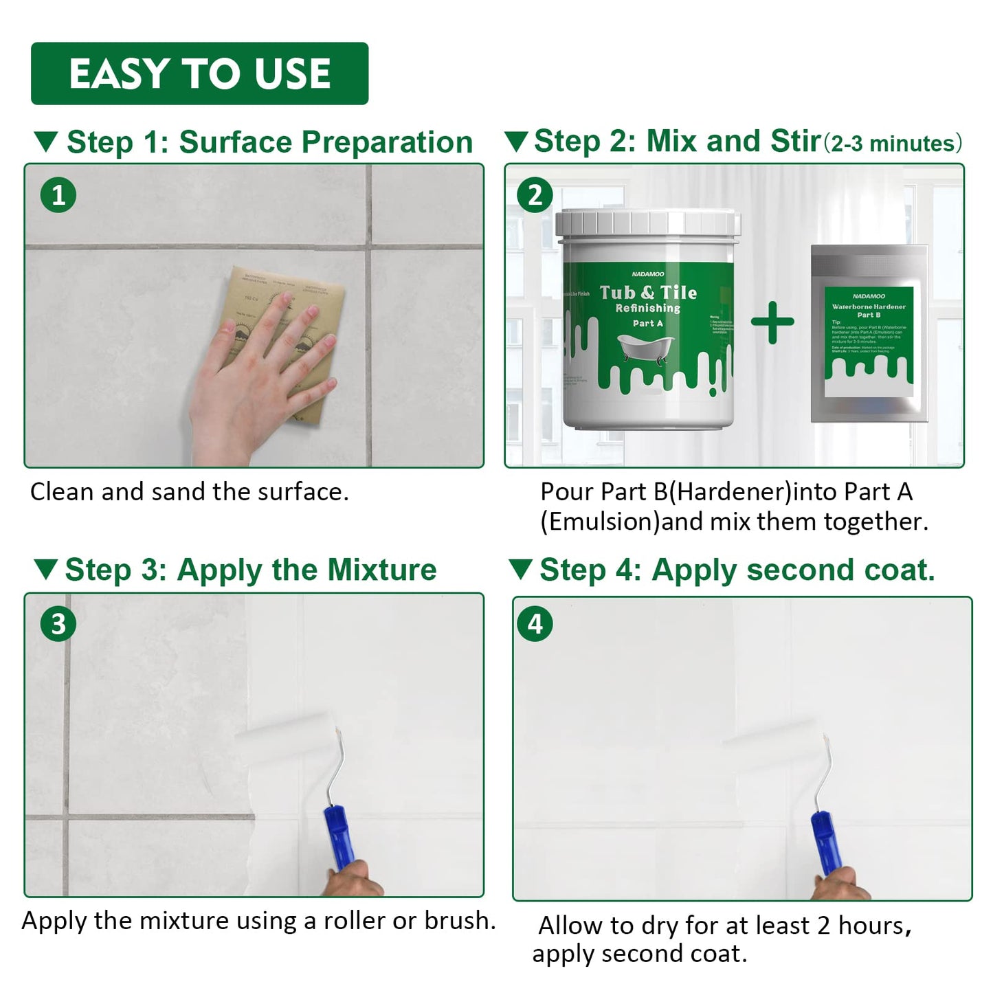 NADAMOO Tub and Tile Refinishing Kit (1kg / 35 oz, with tools), Bathtub Sink Countertop DIY Paint Kit for Bathroom Kitchen Porcelain Fiberglass, Semi-gloss White Coat