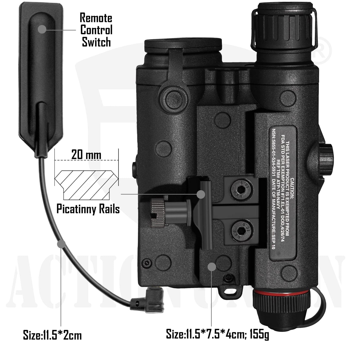 ACTIONUNION Airsoft PEQ-15S Pro UHP Visible Blue Laser + IR Laser + White LED Flashlight (Black)