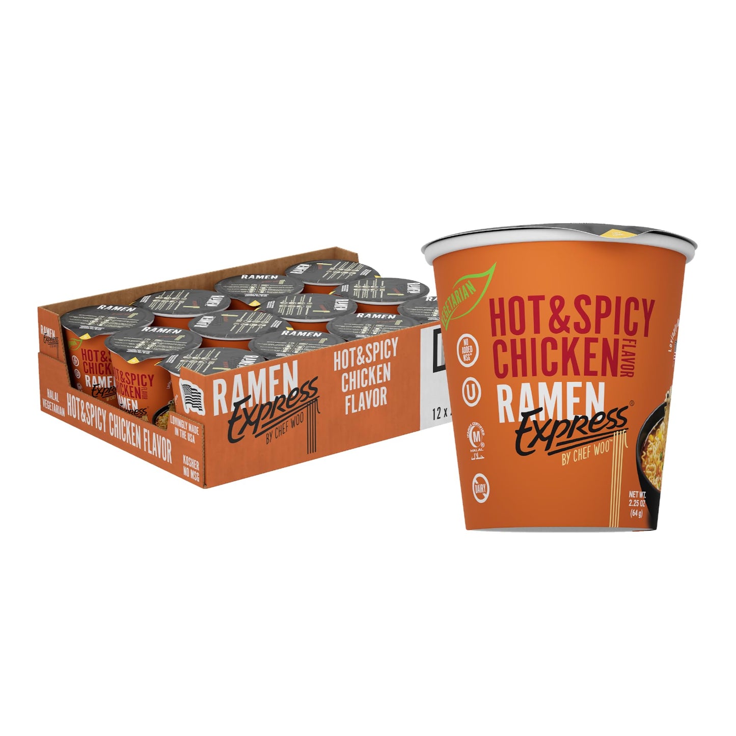 RAMEN EXPRESS Hot & Spicy Chicken Flavor Ramen Cup Noodle, 2.25 Oz Each (Pack Of 12) | Animal-free Ramen Noodles | All Plant-based | Made in U.S. with finest American flour