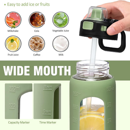 Kodrine 32 oz Glass Water Bottle with Straw and Carry Loop, One-Touch Leakproof Locking Lid, Reusable Drinking Bottle with Time Marker for Travel Home Gym Sports (Olive)