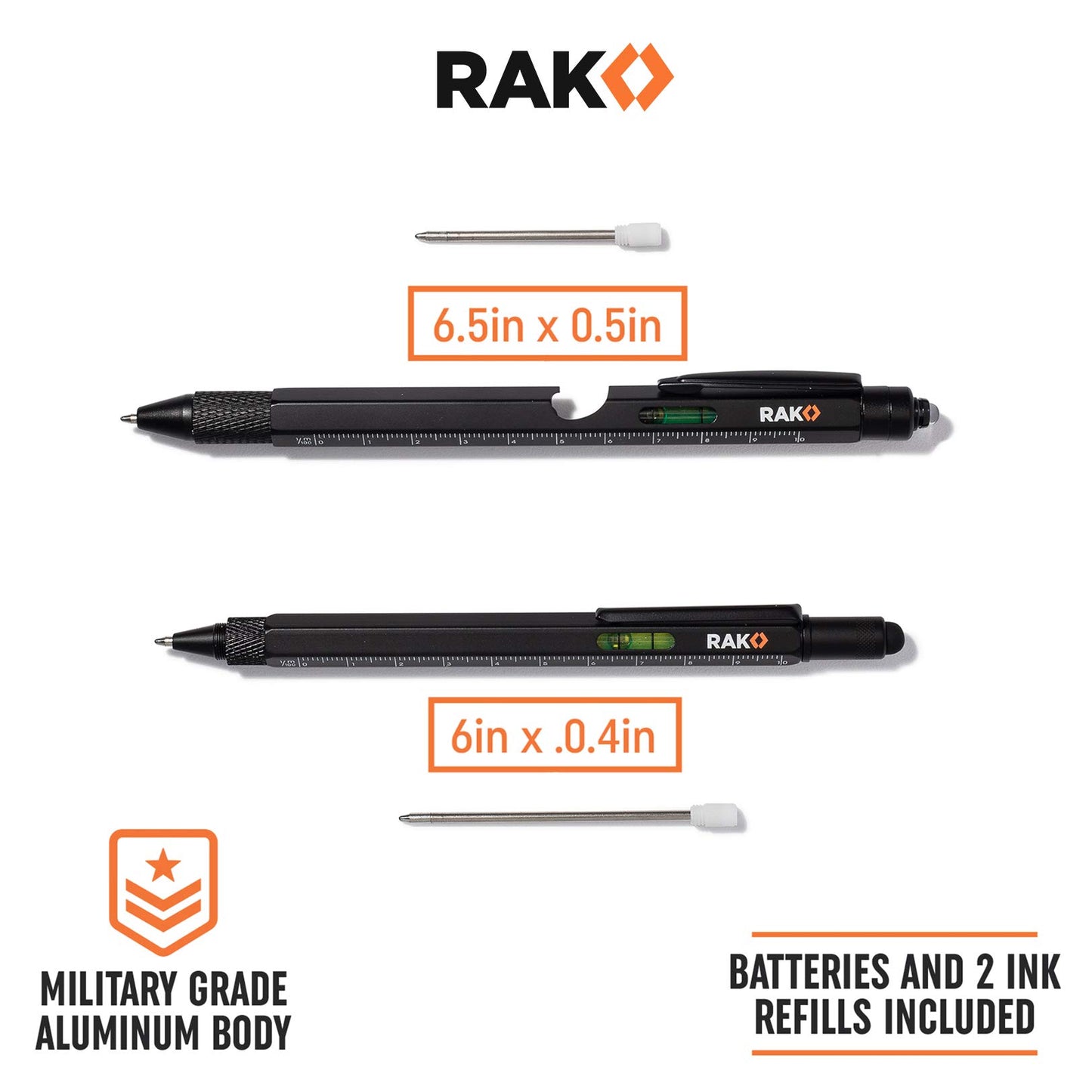 RAK Multitool Pen - Multi-Tool Pens, LED Light, Flathead, Phillips Screwdrivers, Level, Ruler, Bottle Opener, and Stylus. Cool Gadgets Gifts for Men, Dad, EDC Pen Tool, Gift-Ready Box, Pack of 2