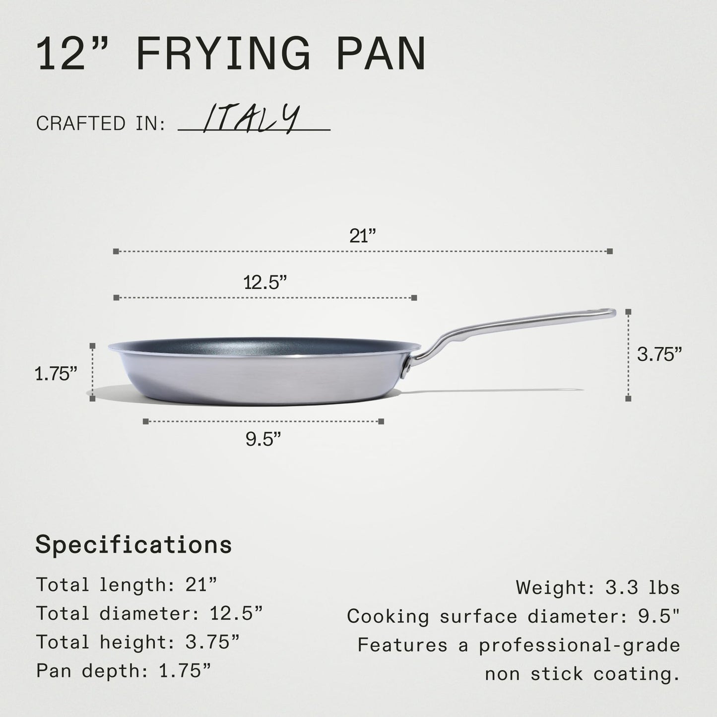 Made In Cookware - ProCoat 12" Non Stick Frying Pan (Graphite) - 5 Ply Stainless Clad Nonstick - Professional Cookware - Crafted in Italy - Induction Compatible