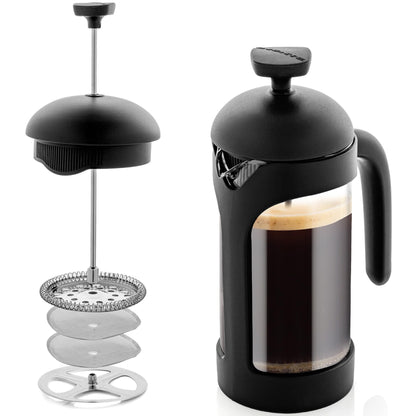 OVENTE French Press Coffee Maker 12 Ounce with Heat Resistant Borosilicate Glass & Stainless Steel 4-Level Filtration System, Portable Cold Brew Coffee Maker for Travel, Camping or Gift, Black FPB12B