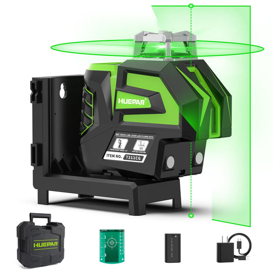 Huepar Self Leveling Green Laser Level Cross Line with 2 Plumb Dots Laser Tool -360 Horizontal Line Plus Large Fan Angle of Vertical Beam -Li-ion Battery with Type-C Charging Port&Magnetic Base 7211CG