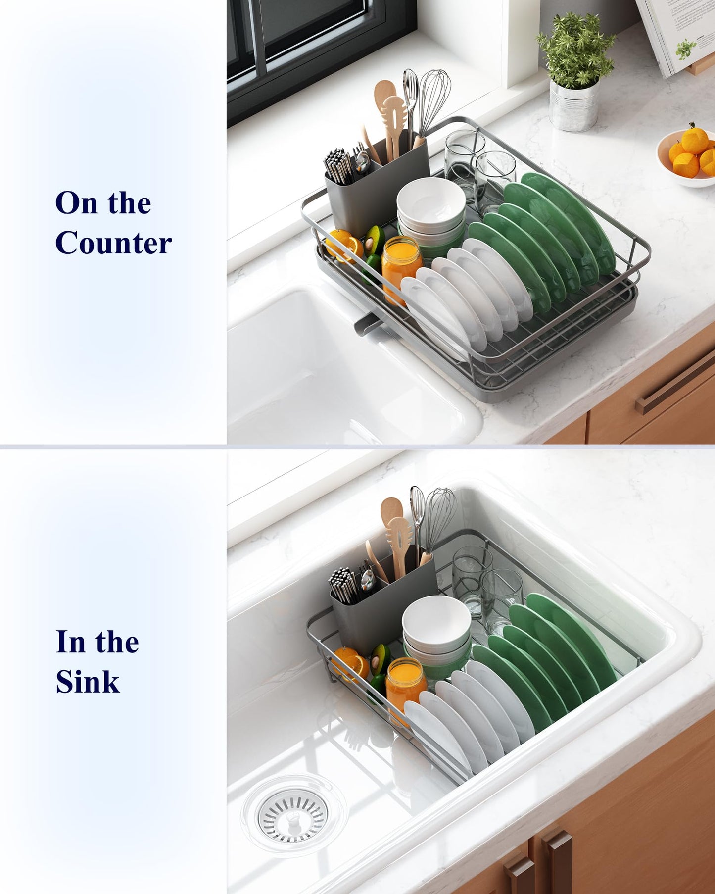 Kitsure Dish Drying Rack for Kitchen Counter, Stainless Steel Sink Organization and Storage Essentials with Cutlery Holder, Home and Appartment Decor, 12''W x 15.5''L, Grey