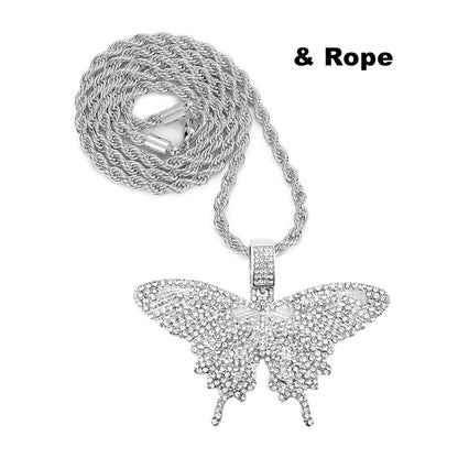 HH BLING EMPIRE Iced Out Silver/Gold Diamond Butterfly Necklace for Men Women, Hip Hop Big Butterfly Pendant with Rope/Tennis/Cuban Link Chains 22 Inch (Silver butterfly A & Tennis Chain)