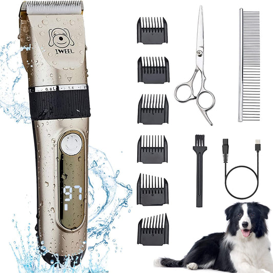 IWEEL Dog Clippers, 2-Speed Professional Rechargeable Cordless Cat Shaver and Low Noise Water Proof Electric Dog Trimmer Pet Grooming Kit Animal Hair Clippers Tool with Scissors Combs